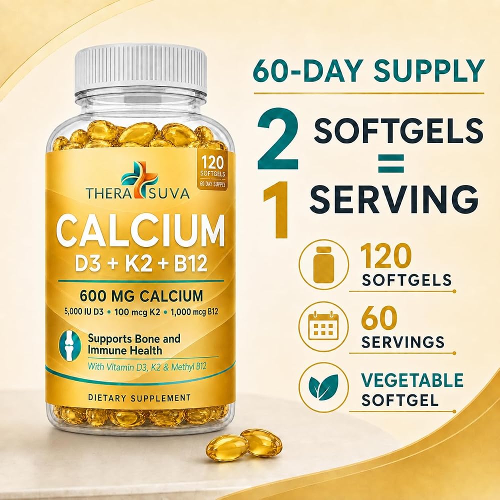TheraSuva Extra Strength Calcium 600mg + D3 + K2 + B12 - 120 Softgels - image 3
