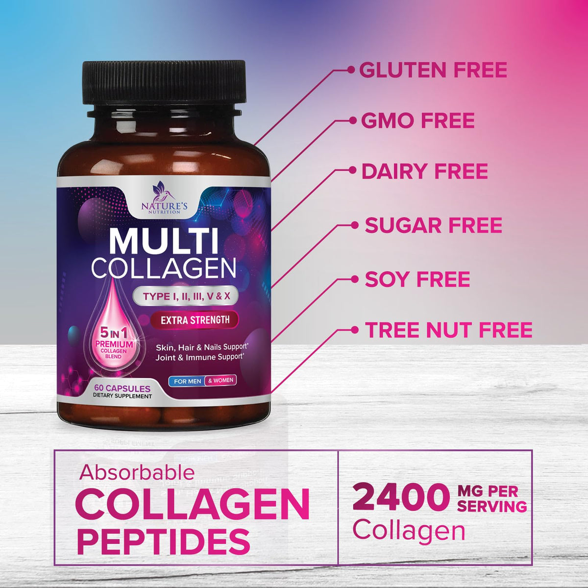 Nature's Nutrition Multi Collagen Complex Pills - Hydrolyzed Collagen