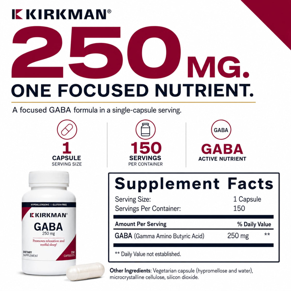 Kirkman GABA 250 mg Amino Acid Supplement - 150 Vegetarian Capsules - image 4