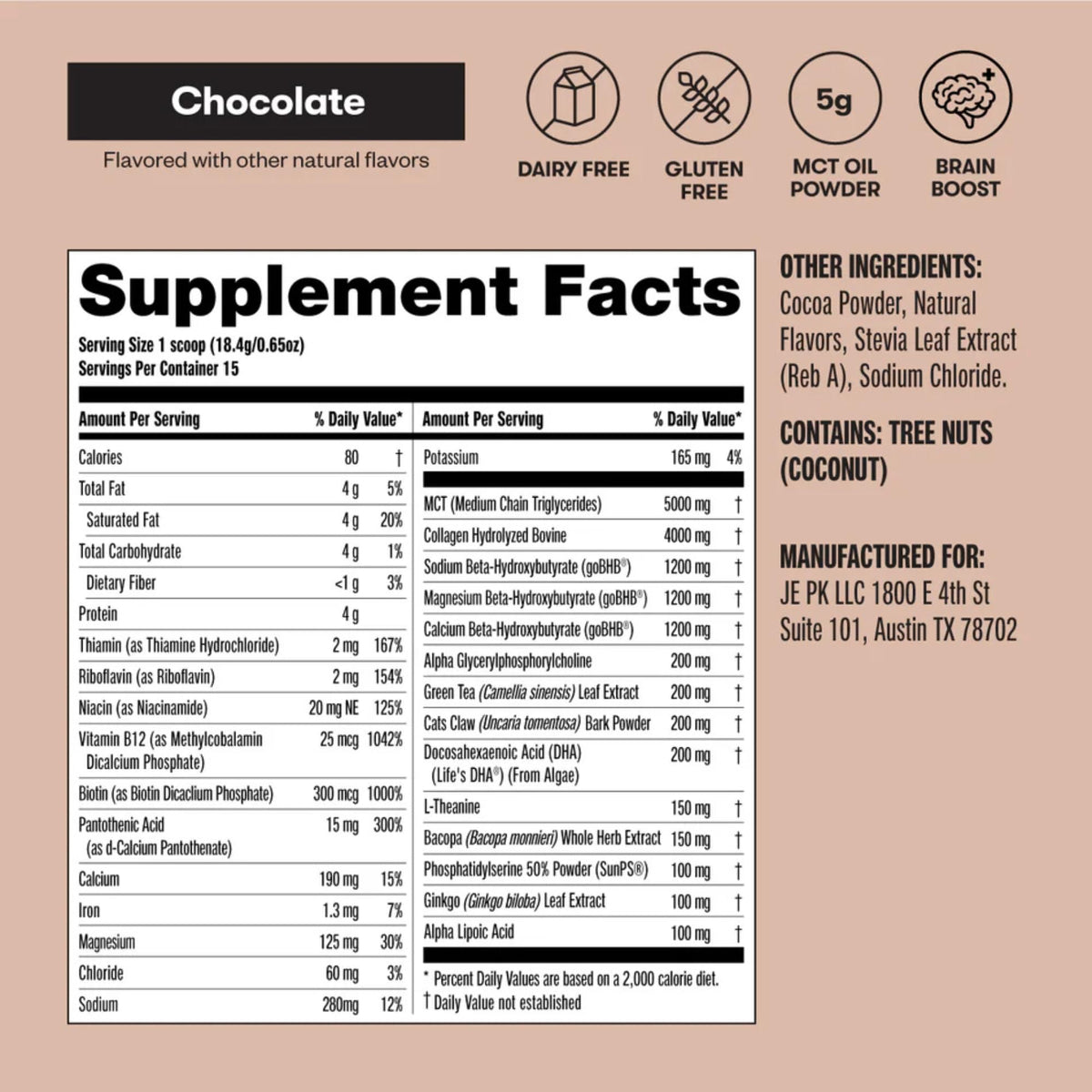 Perfect Keto Nootropics Brain Support Powder Chocolate - 15 Servings - image 2