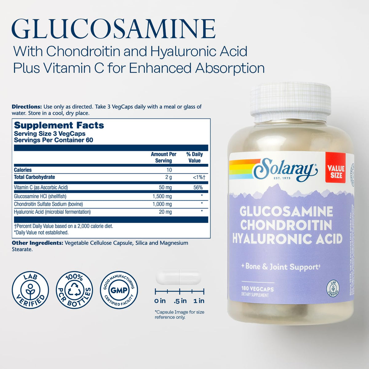 SOLARAY Glucosamine Chondroitin Hyaluronic Acid - 180 Vegetarian Capsules - image 2