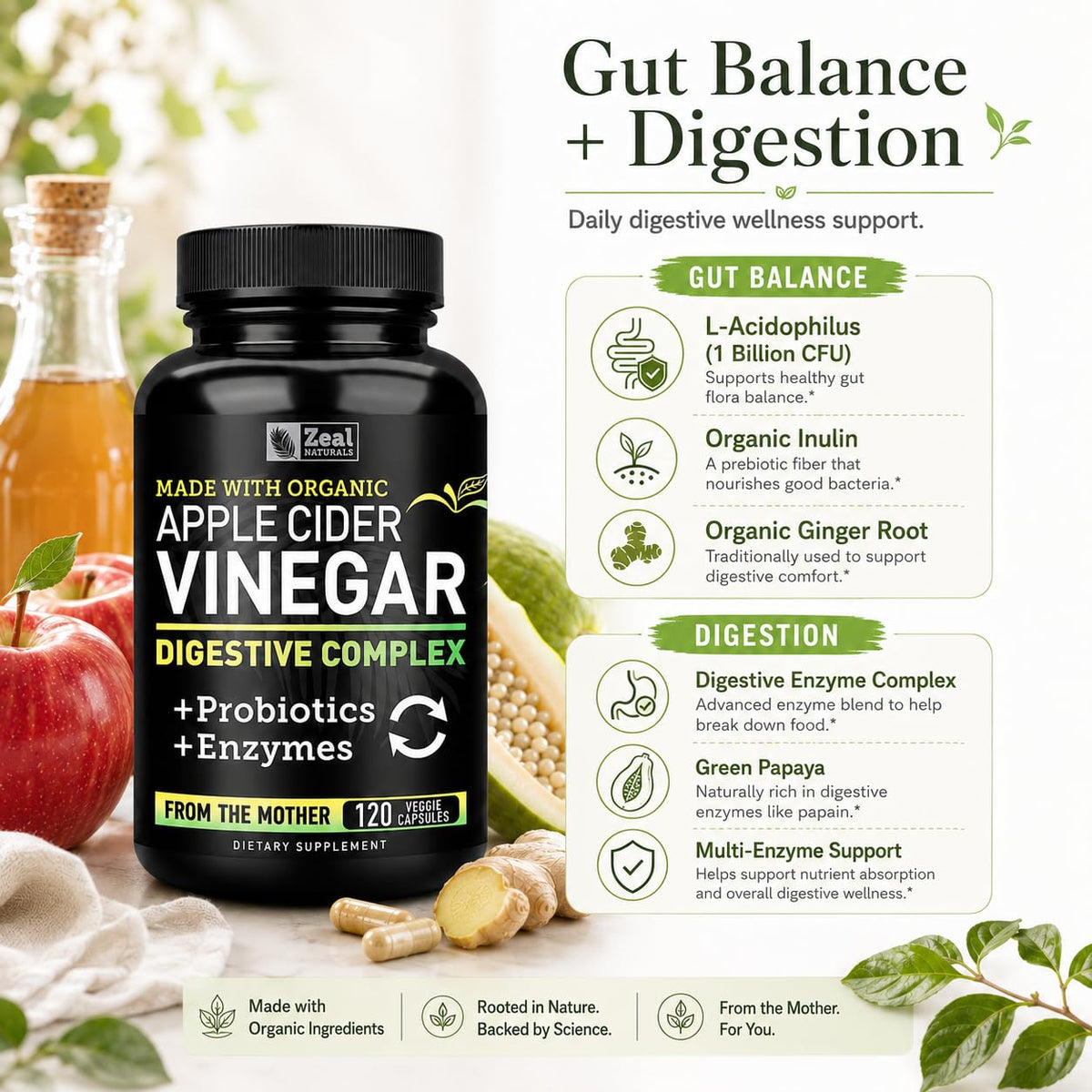 Zeal Naturals Organic Apple Cider Vinegar Capsules Digestive Complex - image 6
