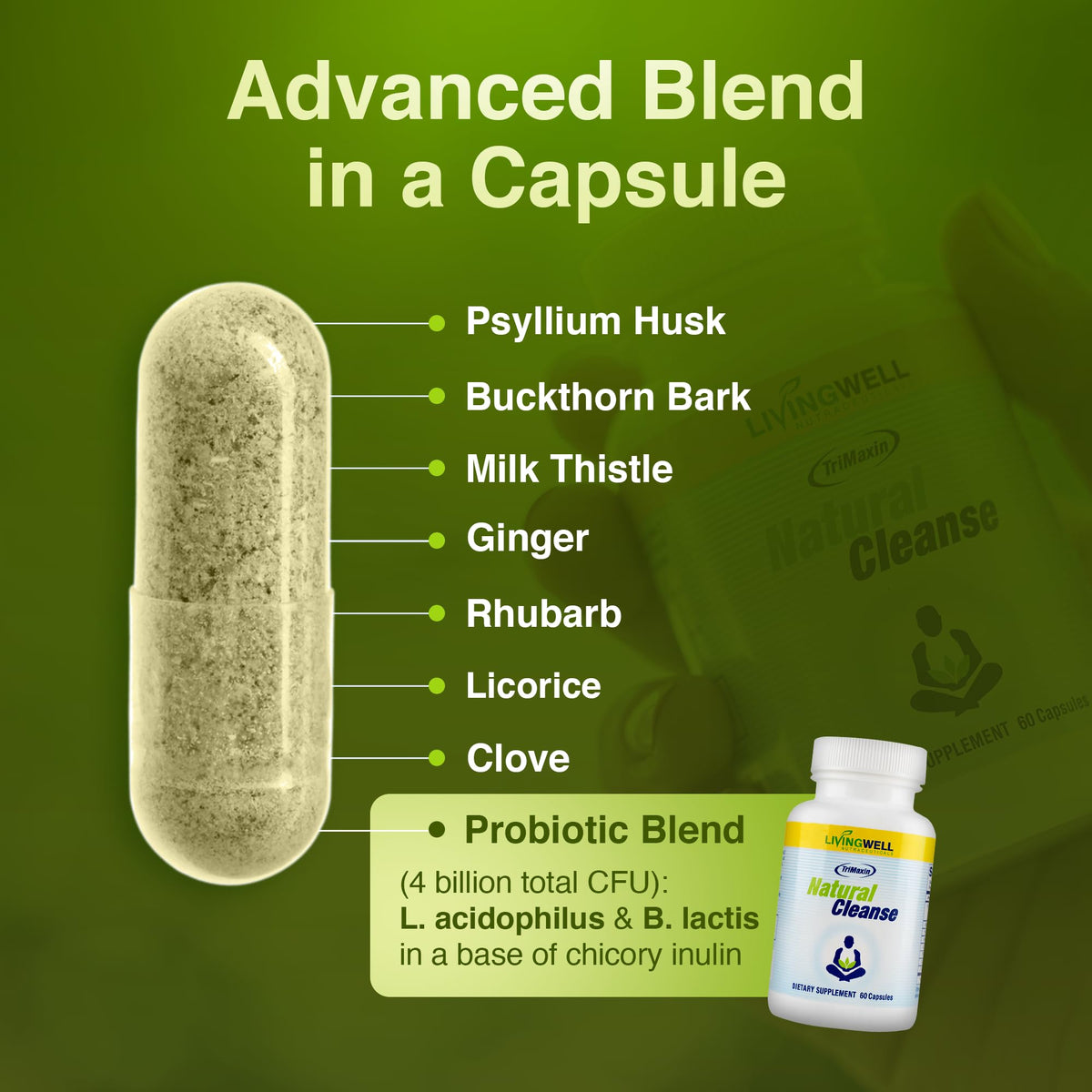 Natural Cleanse Fiber Supplement with Psyllium Husk & Probiotics - 60 Capsules - image 3