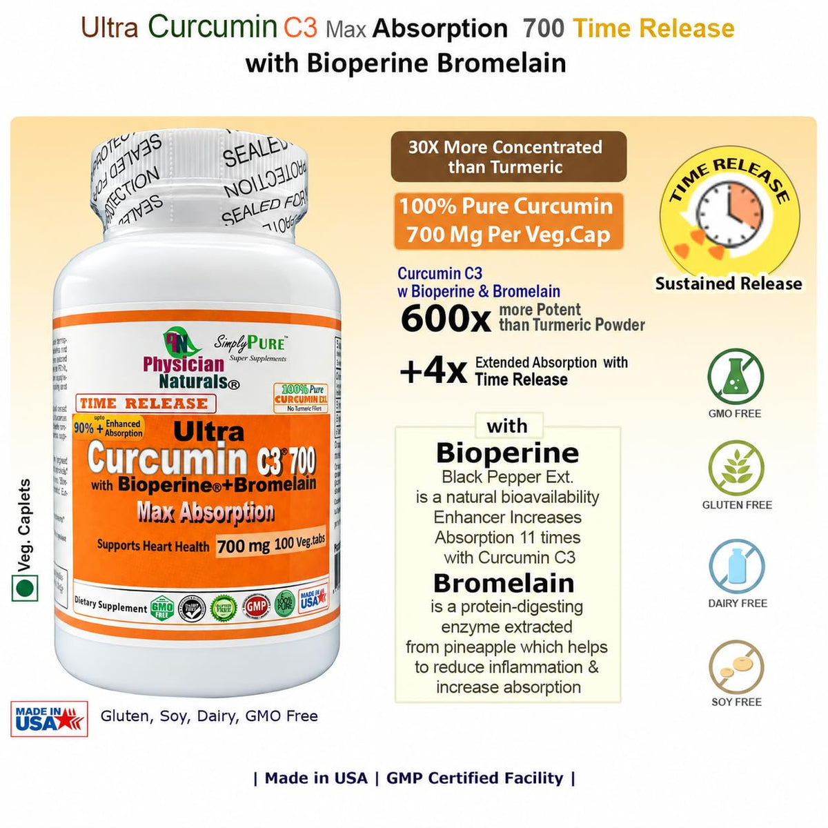 Physician Naturals Ultra Curcumin C3 Time Release 700mg - image 3