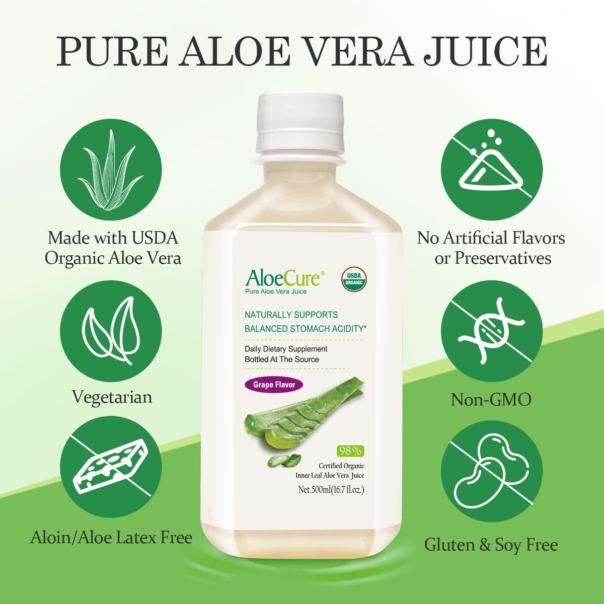AloeCure Pure USDA Organic Aloe Vera Juice Supplement in Grape Flavor