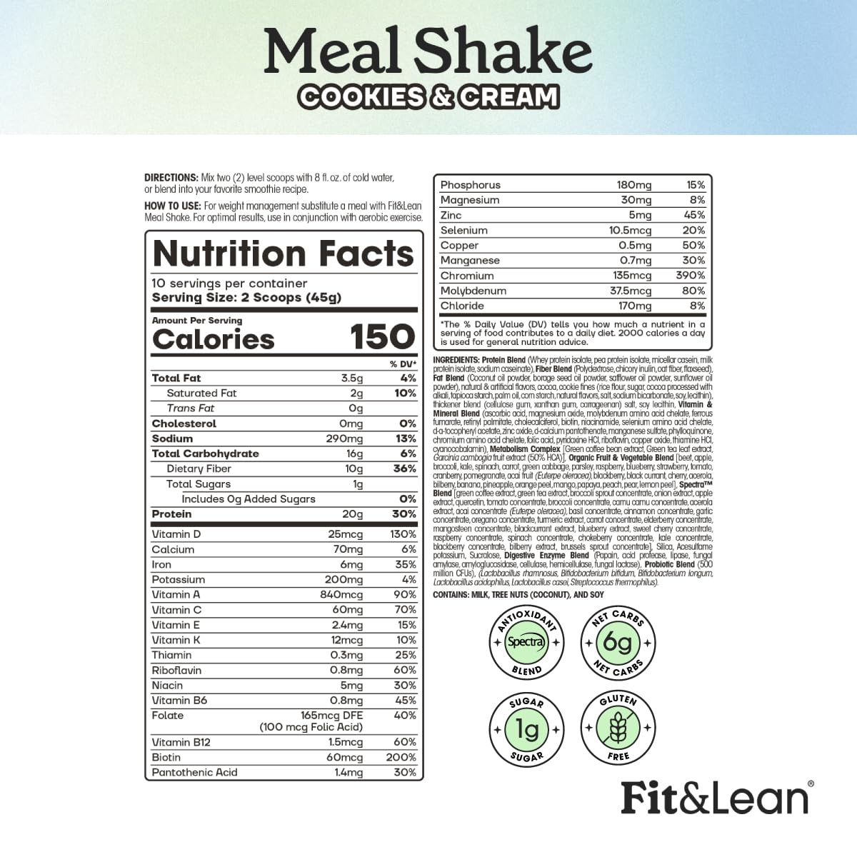 Fit & Lean Meal Shake Protein Powder Cookies and Cream - 10 Servings - image 3