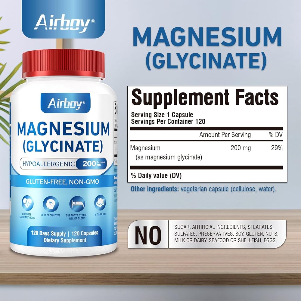 Airboy Magnesium Glycinate 200 mg for Sleep - 120 Capsules - image 2