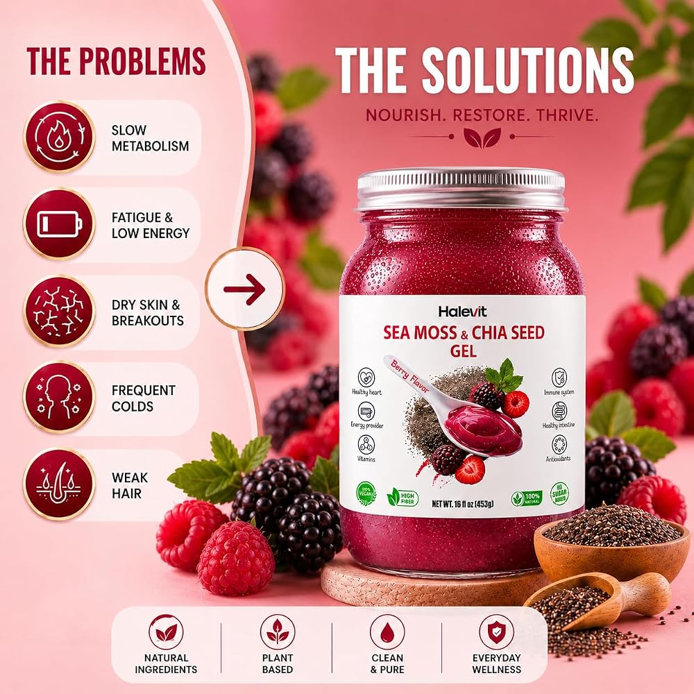 Halevit Sea Moss Gel with Chia Seeds, Berry Flavor - 16 oz - image 2