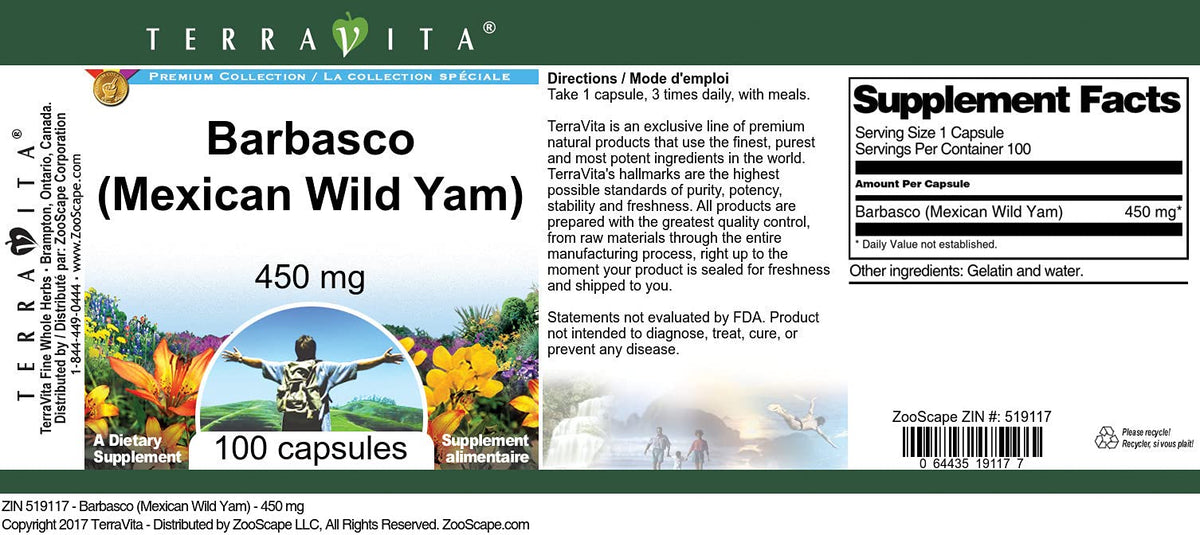 Terravita Barbasco Mexican Wild Yam 450 mg - 100 Capsules - image 3