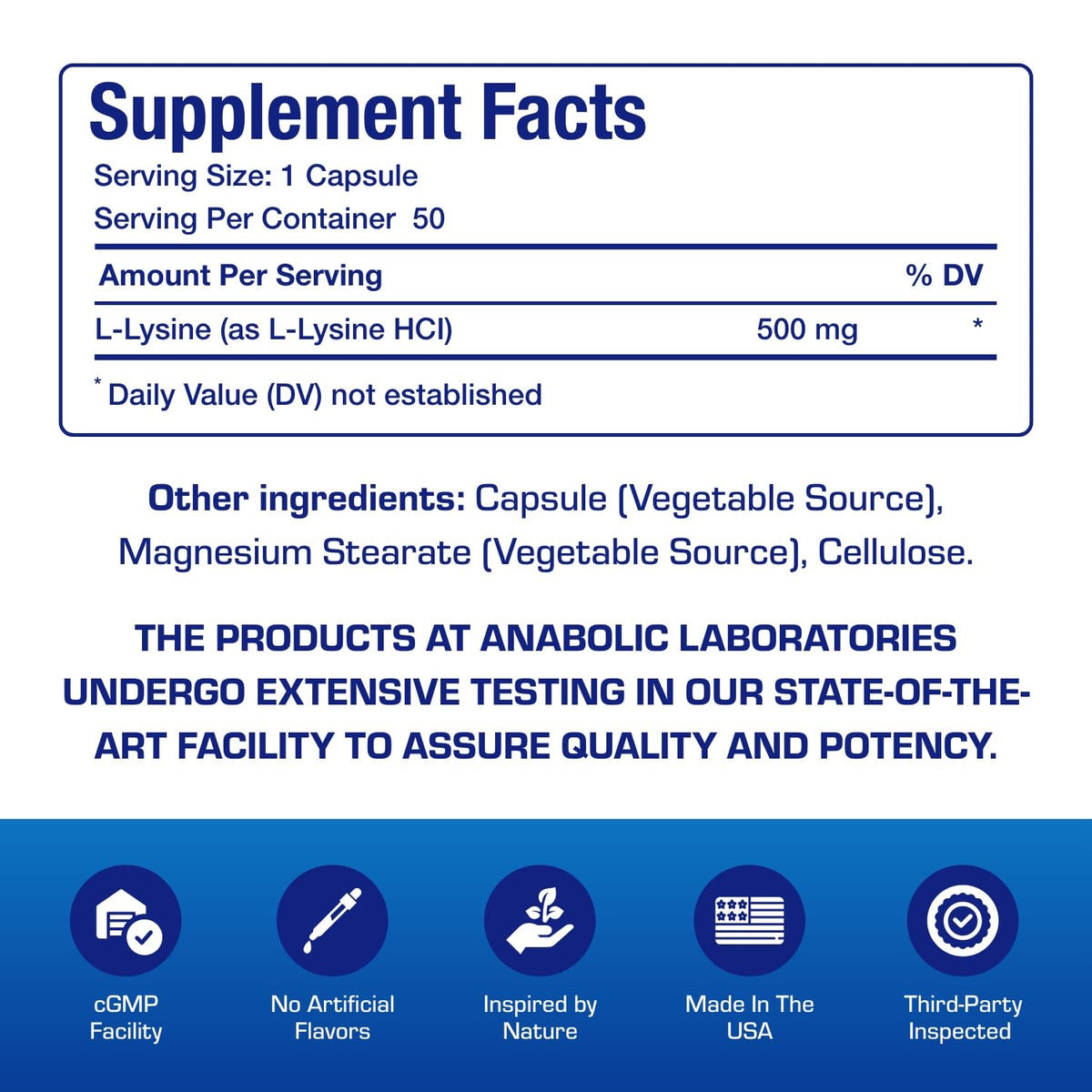 Anabolic Laboratories L-Lysine 500 mg Vegetarian Capsules - 50 Count - image 4