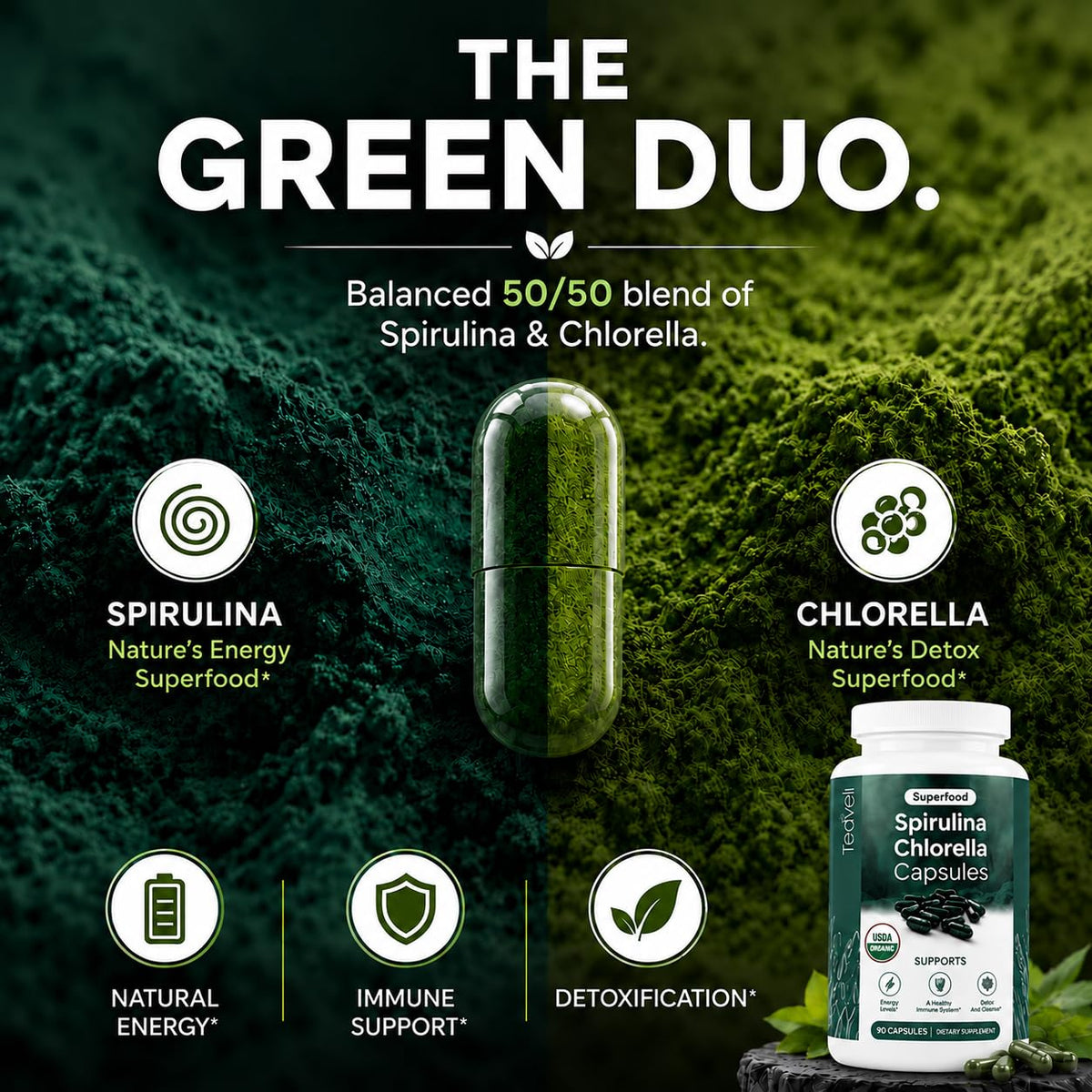 Teaveli Organic Spirulina and Chlorella Capsules - 90 Count - image 3