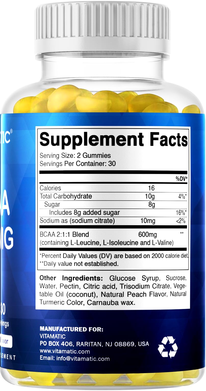 Vitamatic BCAA Gummies - Branch Chain Amino Acid Supplements - Peach