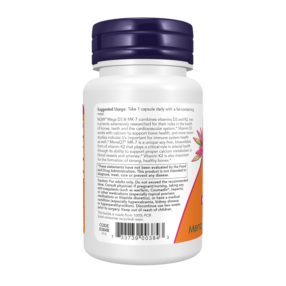 NOW Mega D-3 & MK-7 Vitamin D3 & K2 Bone Support - 60 Vegetarian Capsules - image 3