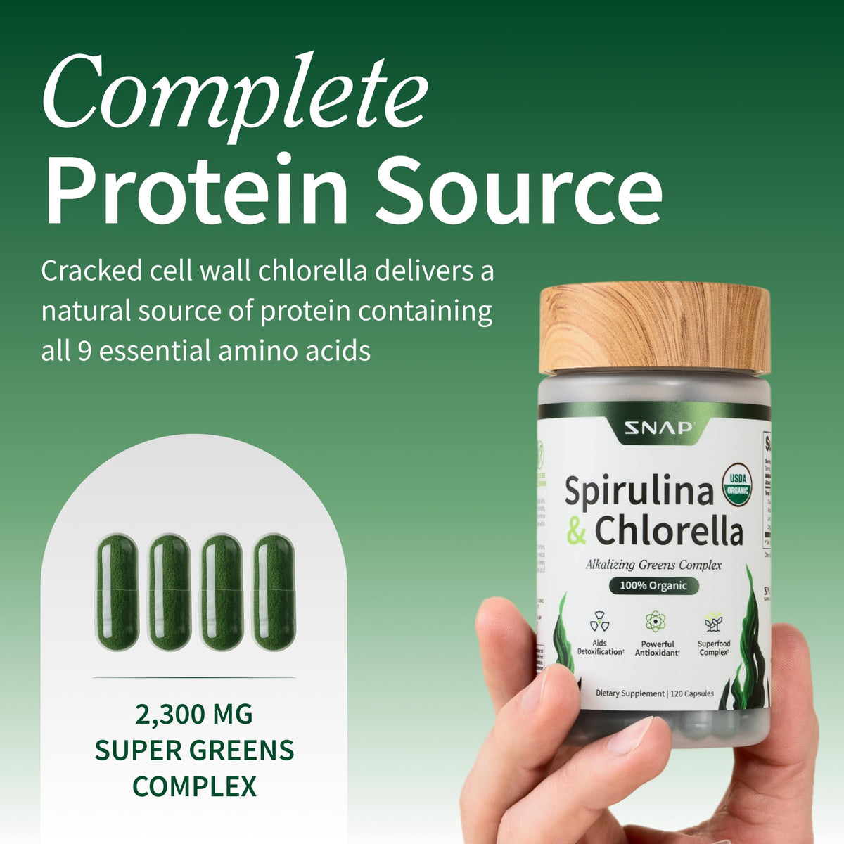 Snap Supplements USDA Organic Spirulina and Chlorella - 120 Capsules - image 2