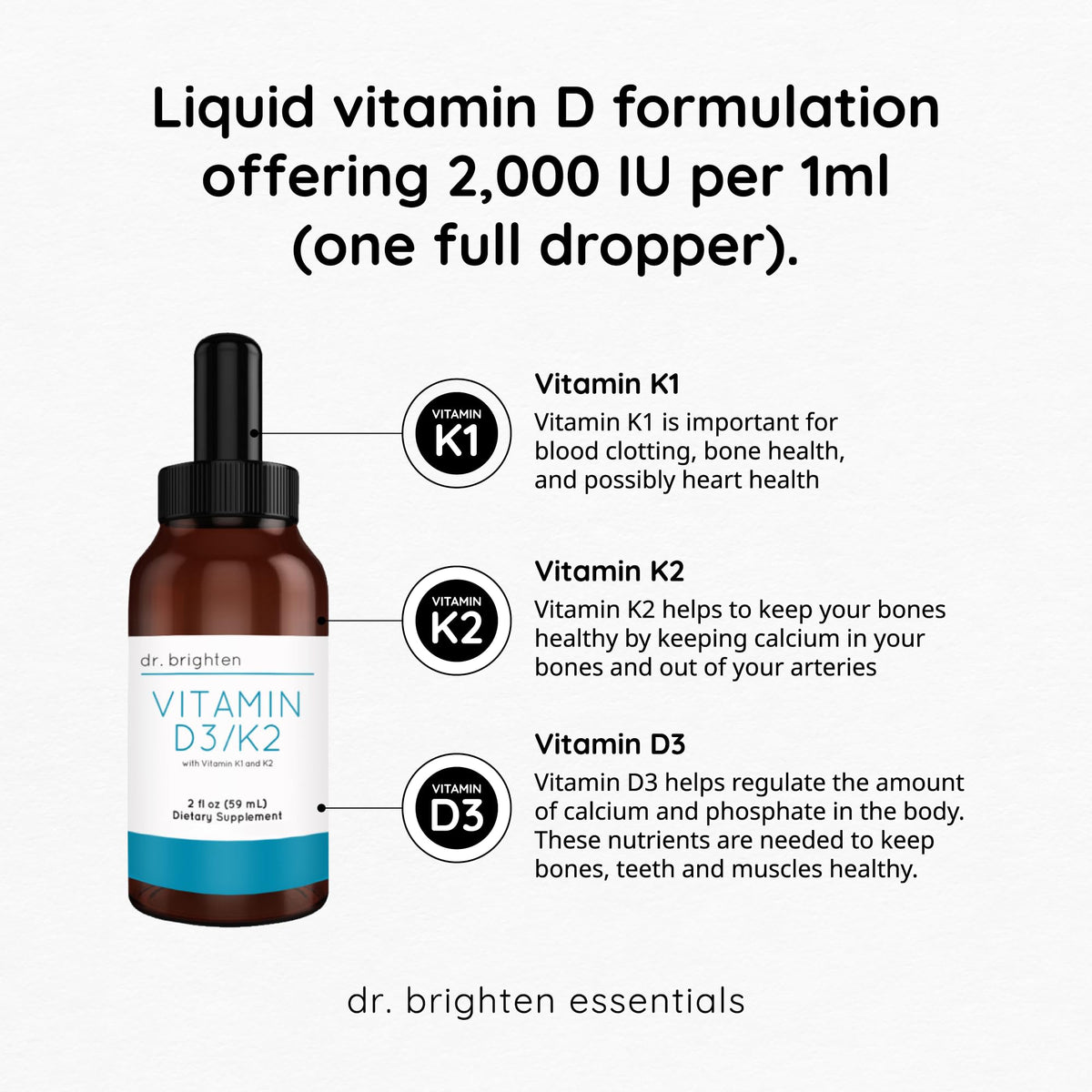 Dr. Brighten Vitamin D3/K2 Liquid Drops for Immune Support - 2 Fl Oz - image 3