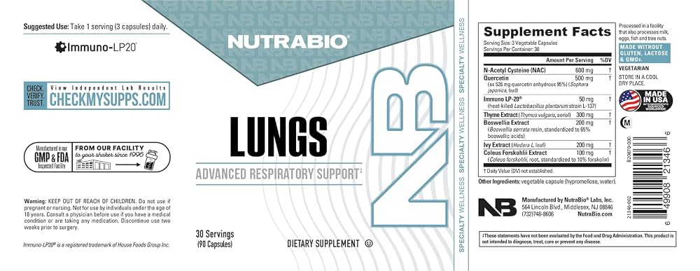 NutraBio Lungs Supplement Respiratory Support - 90 Capsules - image 6