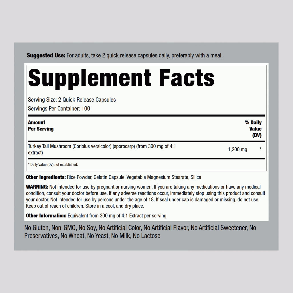 Piping Rock Turkey Tail Mushroom Capsules - 200 Count - image 2