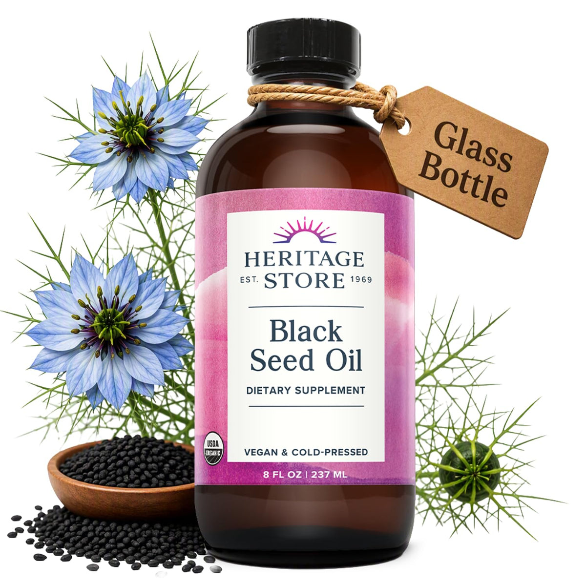 HERITAGE STORE USDA Organic Black Seed Oil, Cold Pressed, 8 fl oz