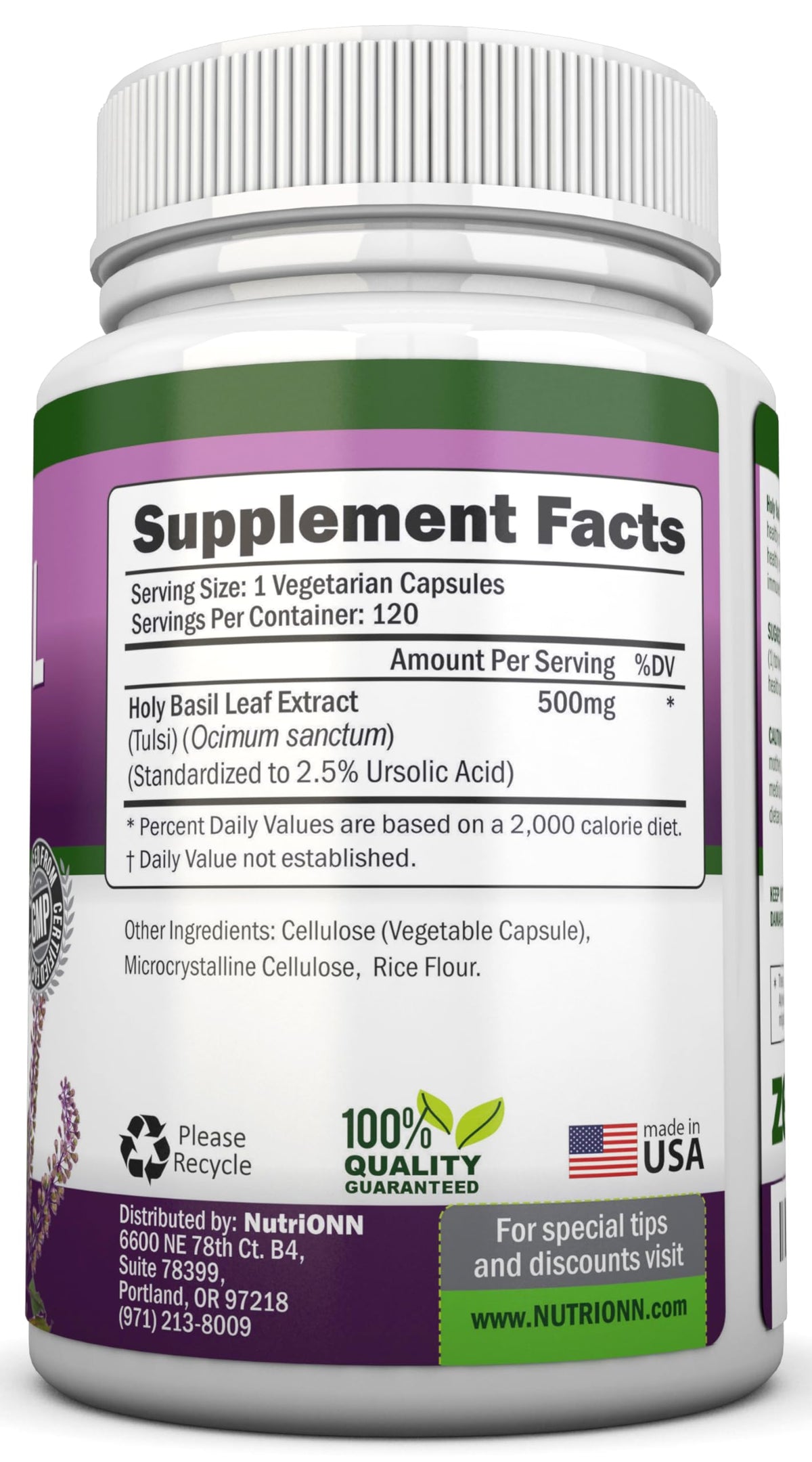 NutriONN Holy Basil Leaf Capsules 500mg Adaptogenic Herb - 120 Vegan Capsules - image 2