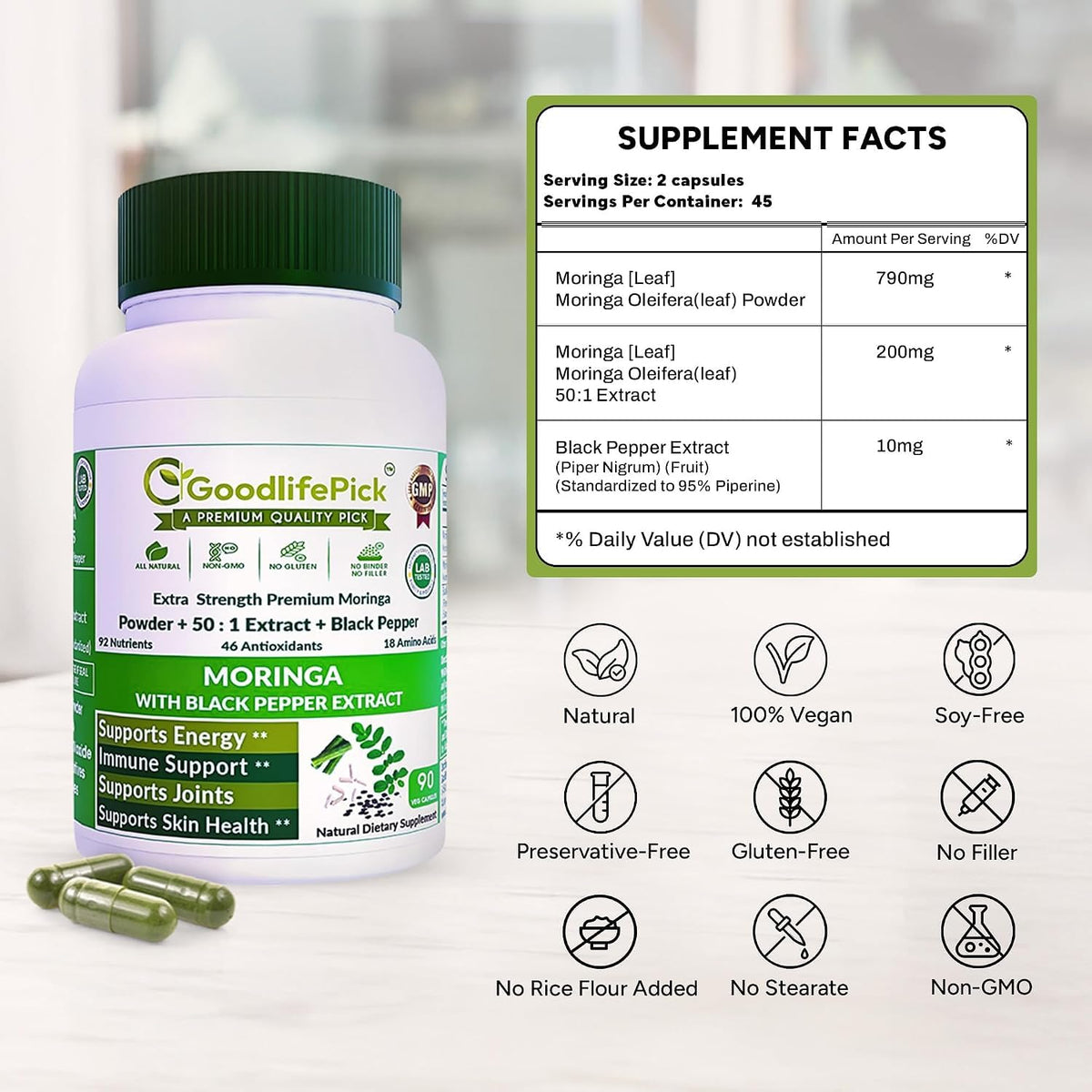 GoodlifePick Premium Moringa Capsules with Black Pepper