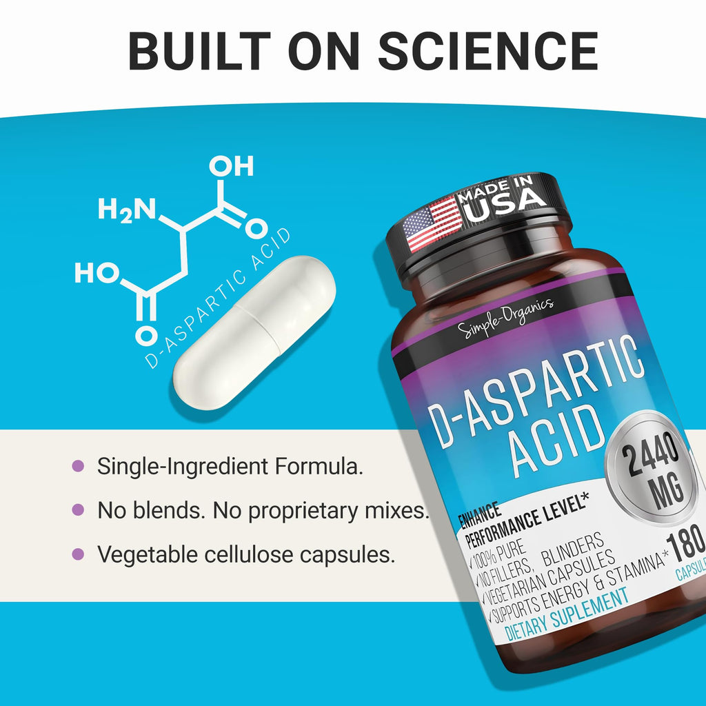 Simple-Organics D-Aspartic Acid Testosterone Support for Men - 180 Capsules - image 3