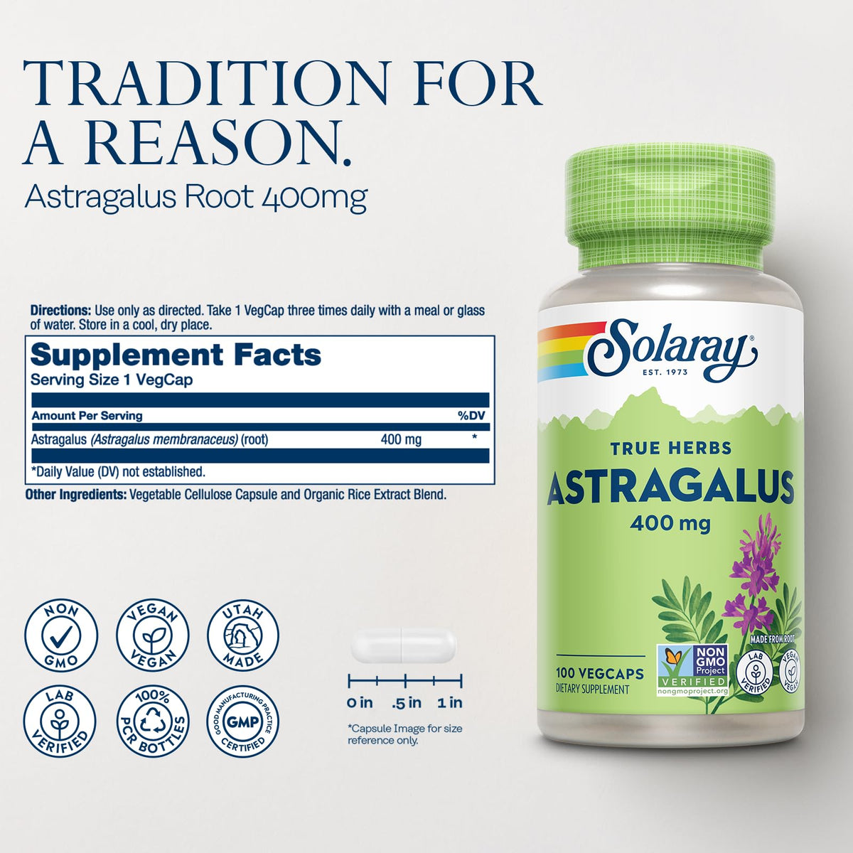 SOLARAY Astragalus Root 400mg Herbal Support - 100 Vegetarian Capsules - image 2