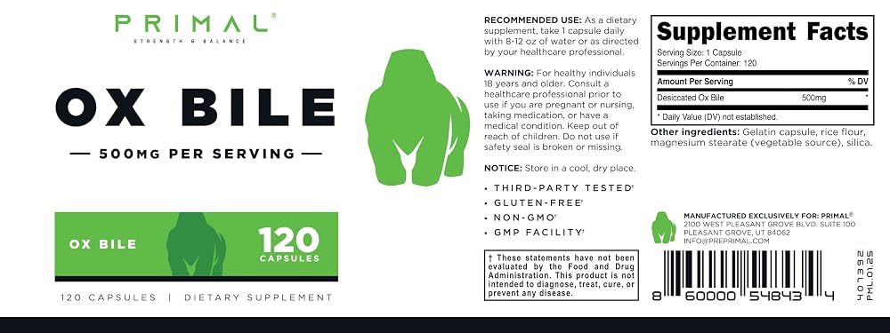 Primal Ox Bile 500mg Digestive Support - 120 Capsules - image 5