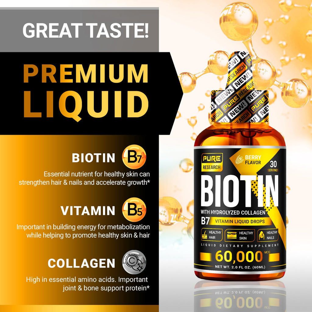 PURE RESEARCH Liquid Biotin & Collagen Hair Growth Drops 60,000mcg - 2 Fl Oz - image 3