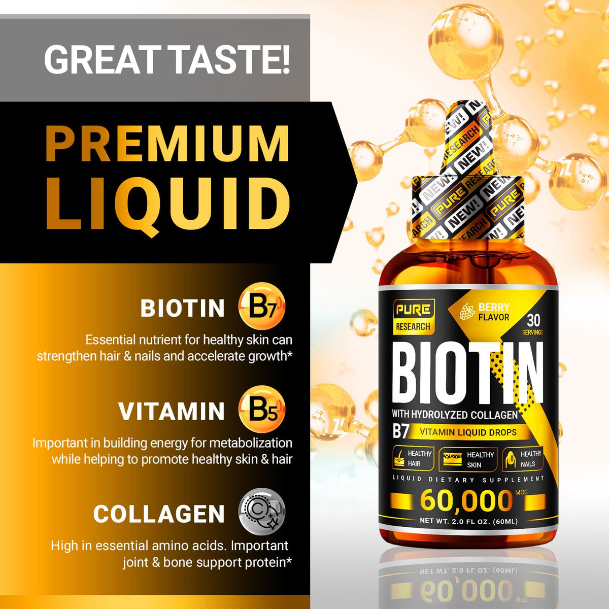 PURE RESEARCH Liquid Biotin & Collagen Hair Growth Drops 60,000mcg - 2 Fl Oz - image 3