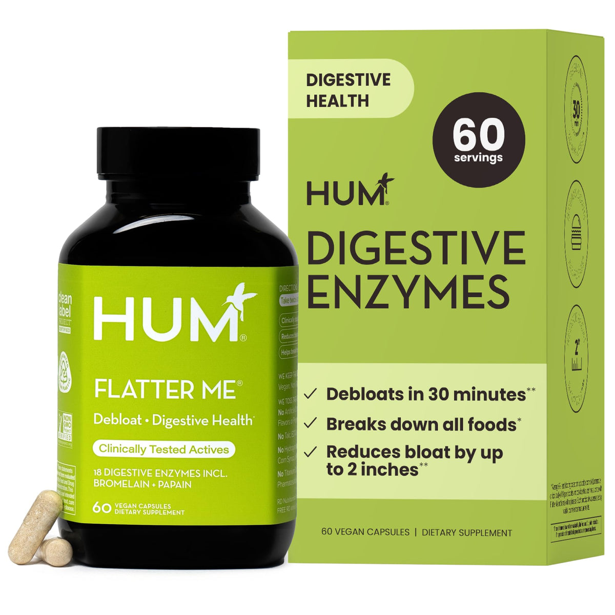 HUM Flatter Me Digestive Enzymes for Bloating Support - 60 Capsules