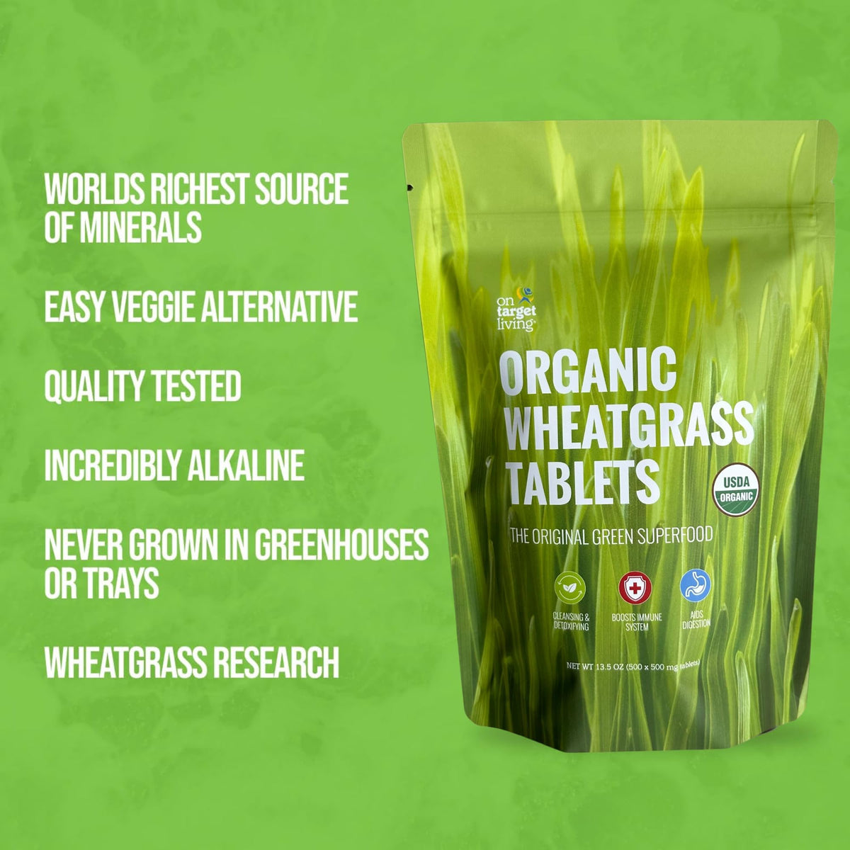 On Target Living Wheatgrass Tablets USDA Organic - 500 Tablets - image 3