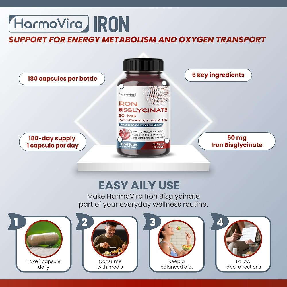 HarmoVira Iron Bisglycinate with Vitamin C & Folic Acid - 180 Capsules - image 5