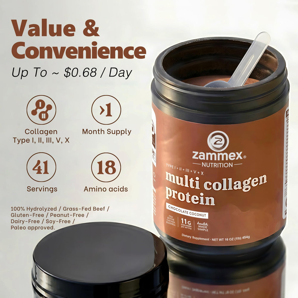 Zammex Multi Collagen Peptides Protein Powder Chocolate - 1 lb - image 6