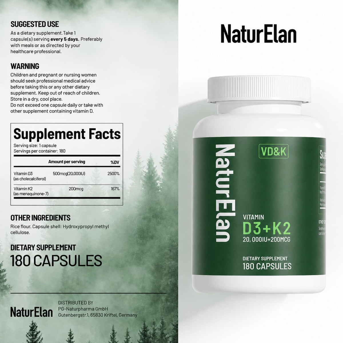 NaturElan Vitamin D3 K2 20,000 IU - 180 Capsules - image 4