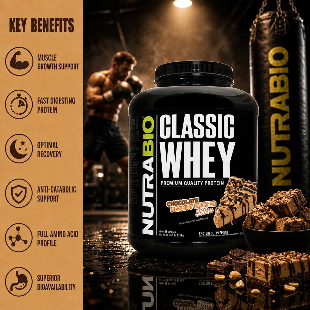 NutraBio Classic Whey Protein Powder Supplement - 25g of Protein Per