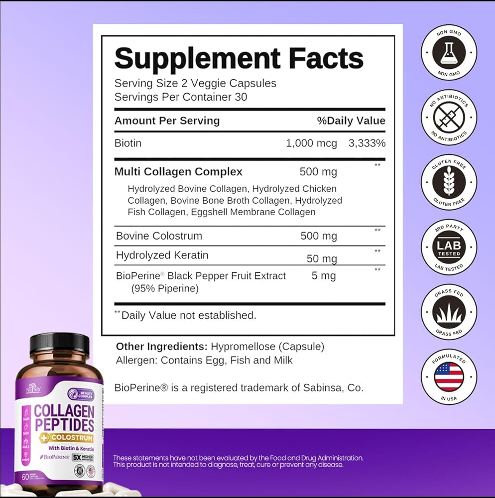 Nutreb Hydrolyzed Multi Collagen Peptides with Colostrum - 60 Capsules - image 3