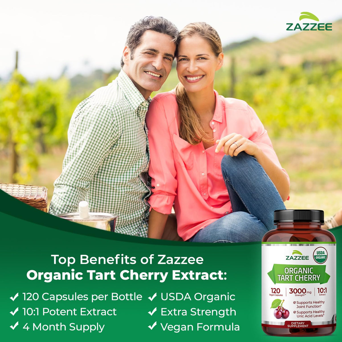 Zazzee USDA Organic Tart Cherry 10:1 Extract - 120 Capsules - image 4
