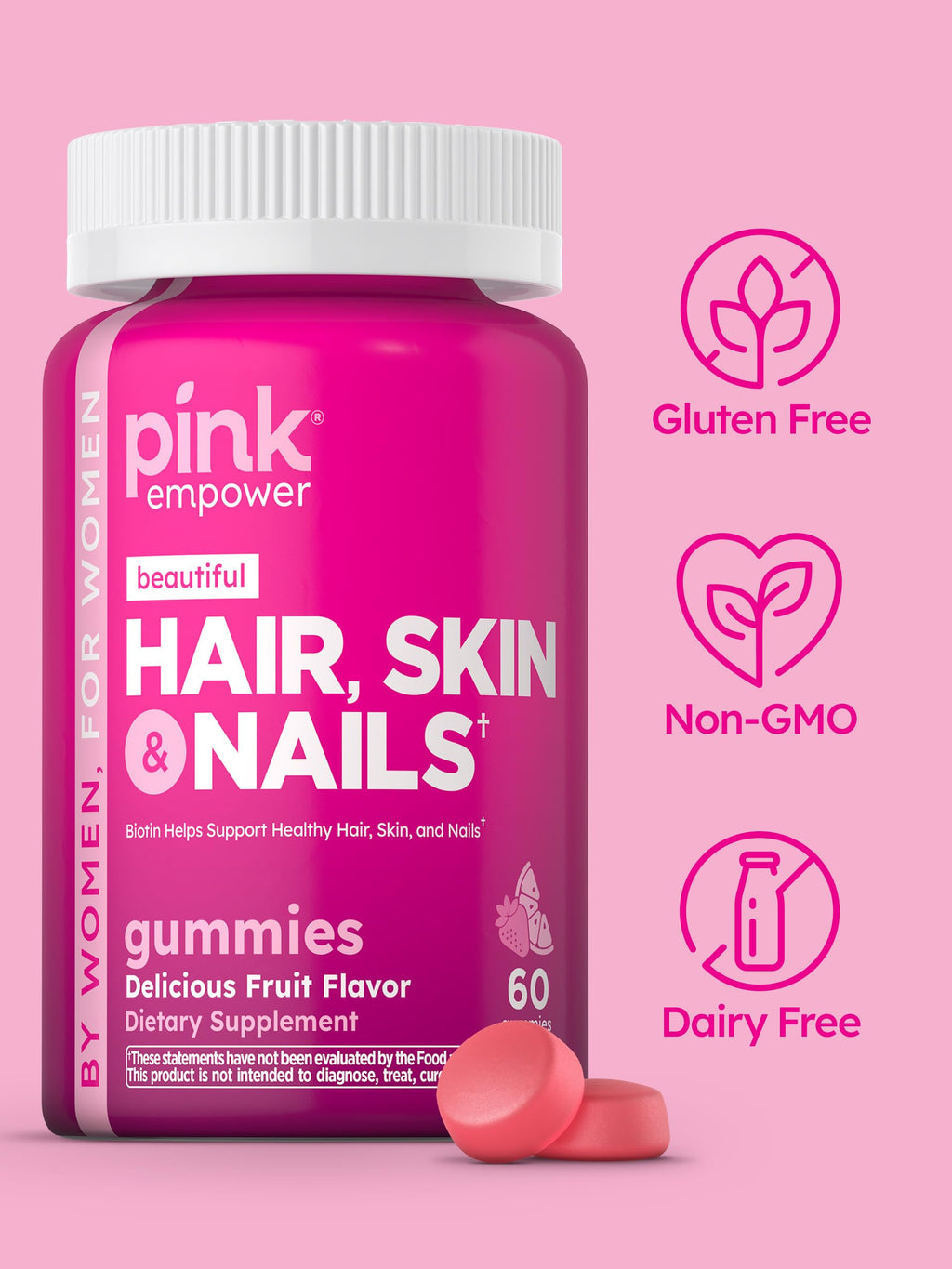 PINK Hair Skin Nails Gummies with Biotin 2,500 mcg - 60 Count - image 4