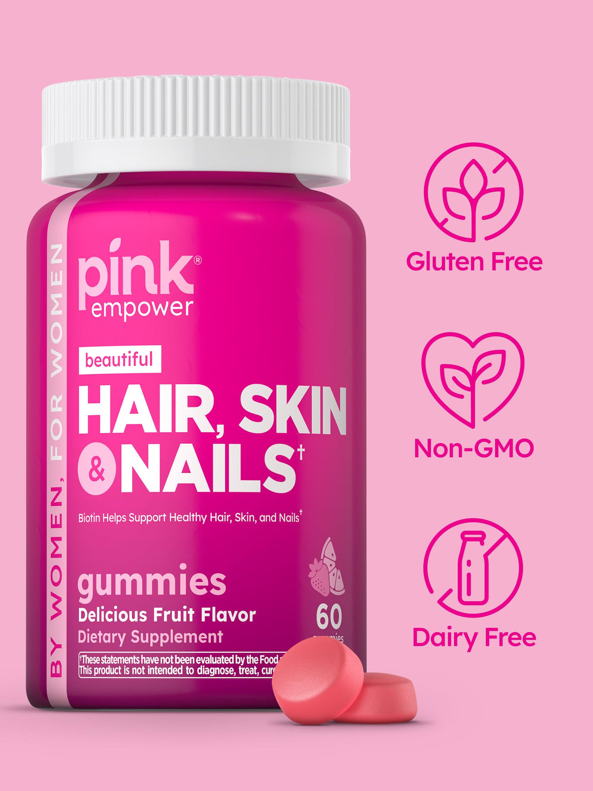 PINK Hair Skin Nails Gummies with Biotin 2,500 mcg - 60 Count - image 4