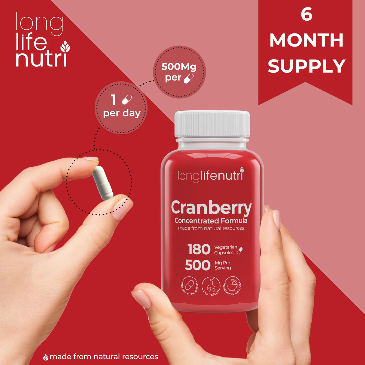 LongLifeNutri Cranberry Extract with Vitamin C & E - 180 Vegetarian Capsules - image 5
