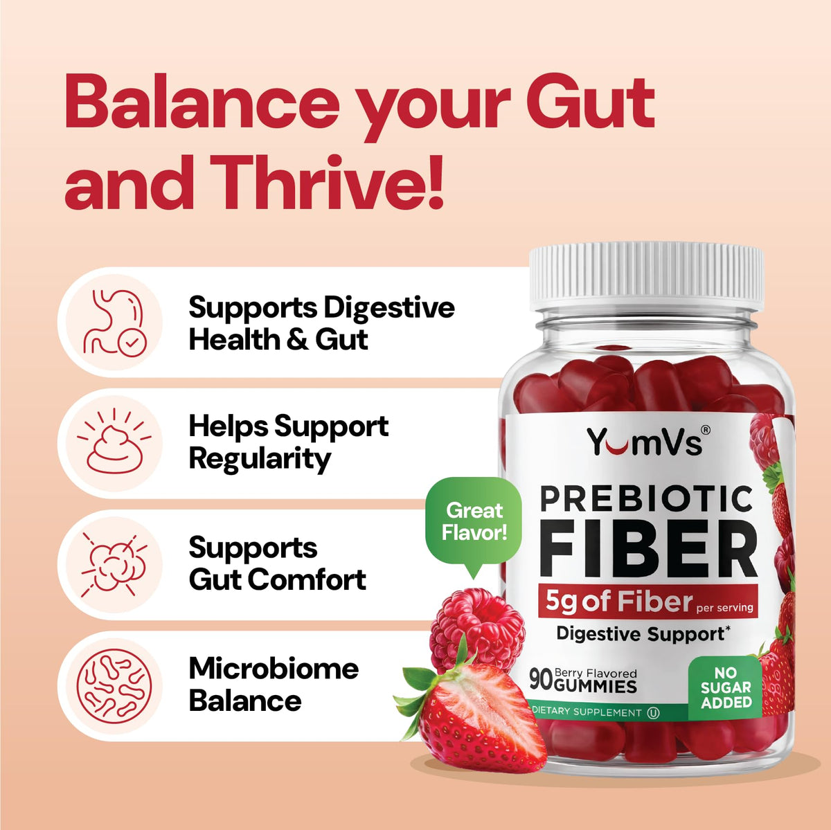 YUM-V'S - Prebiotic Fiber Gummies for Adults & Kids - 5g Digestive