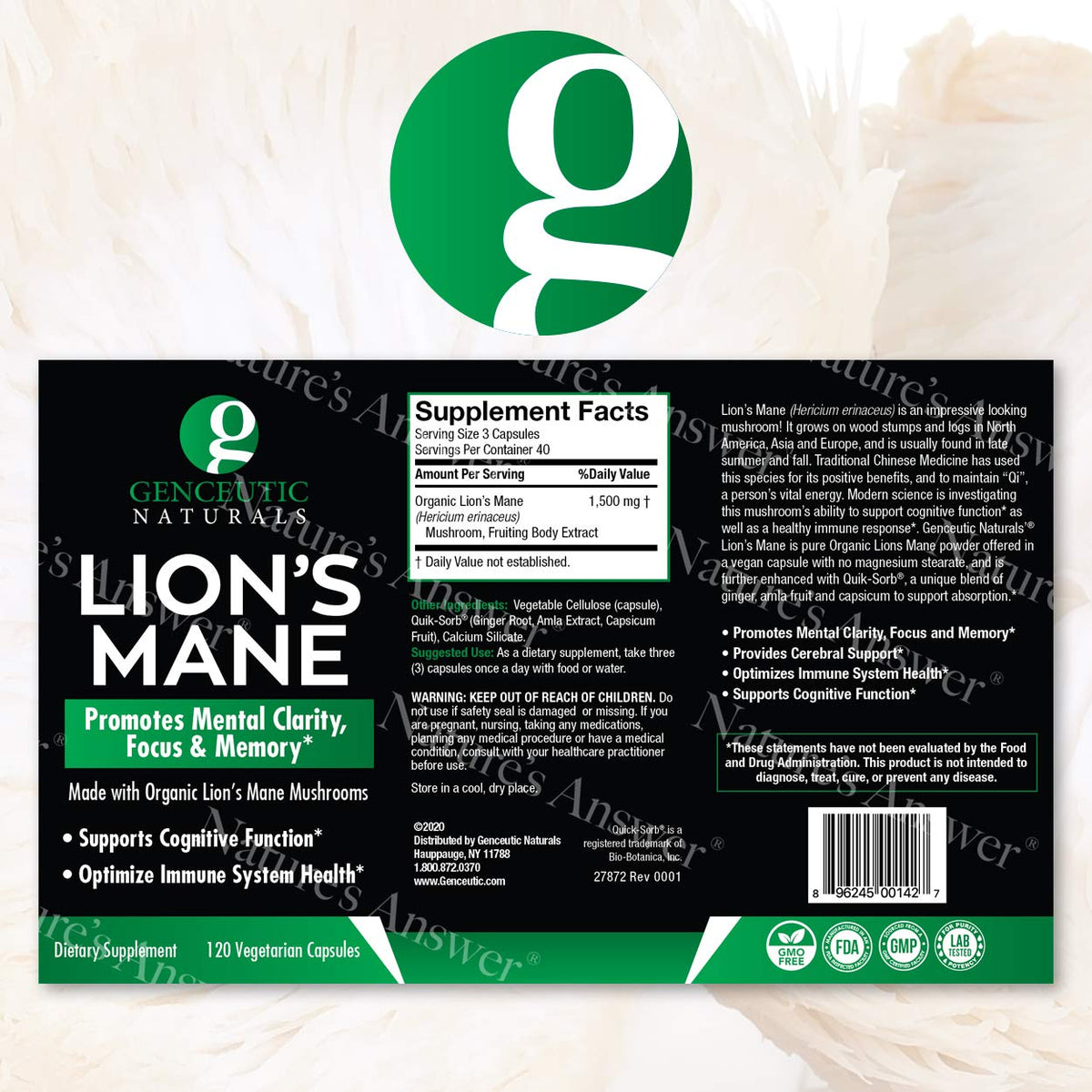 Genceutic Naturals Lion's Mane Mushroom Capsules for Mental Clarity - 120 Count - image 2