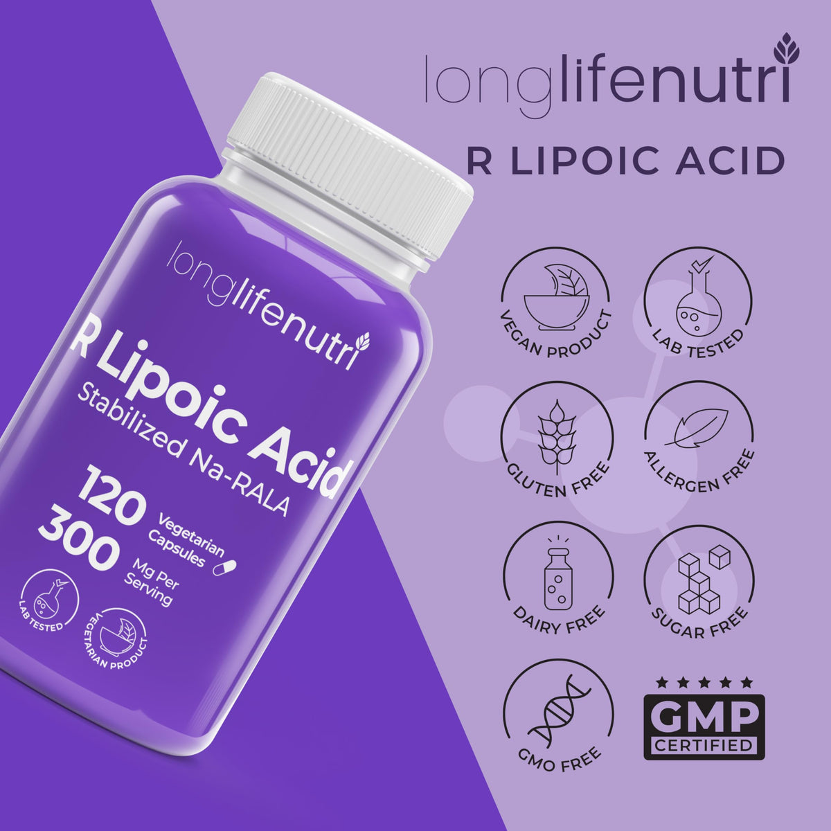 LongLifeNutri Stabilized R-Alpha Lipoic Acid 300mg - 120 Vegetarian Capsules - image 7