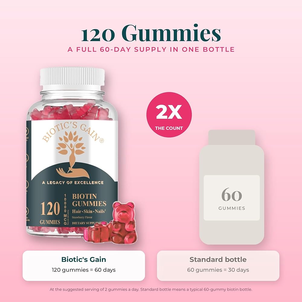 Biotic's Gain Biotin Gummies 10000mcg Hair Skin Nails - 120 Count - image 2
