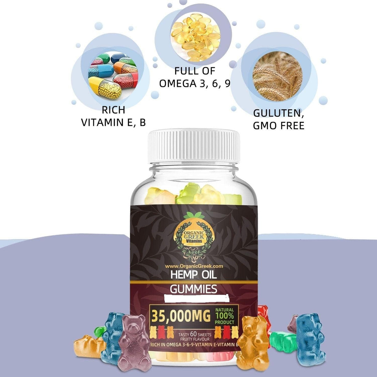 Organic Greek Premium High Potency Hemp Gummy Bears - 60 Count - image 2