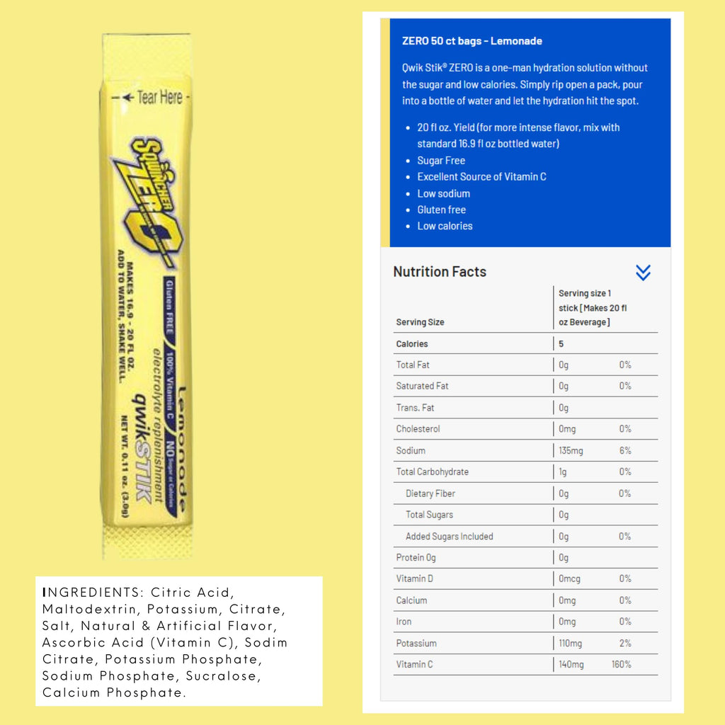 Sqwincher Zero Qwik Stik Electrolyte Replacement Lemonade - 50 Sticks - image 2