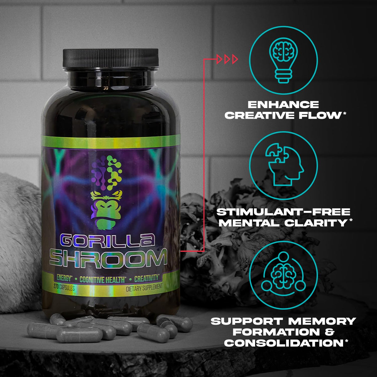 Gorilla Mind Shroom Nootropic Mushroom Supplement - 270 Capsules - image 4