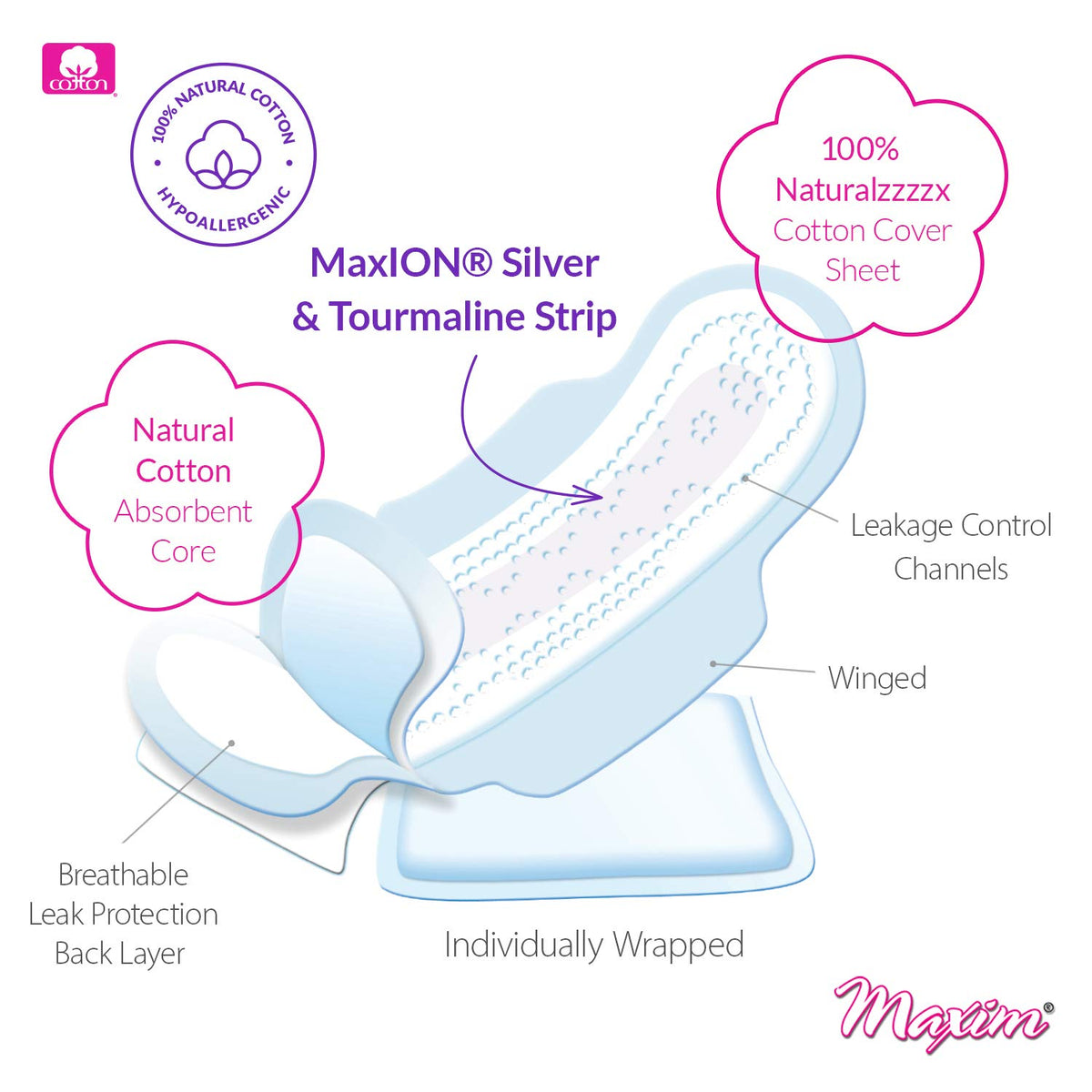 Maxim MaxION Cotton Feminine Pads Super - 10 Count - image 5