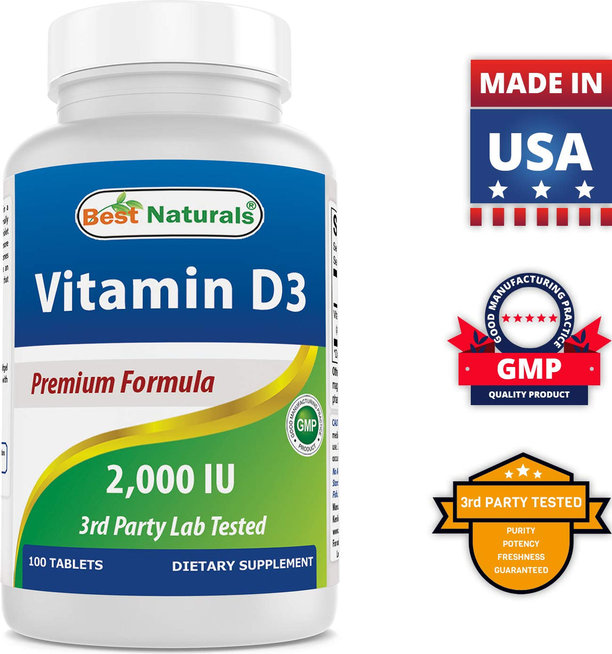 Best Naturals Vitamin D3 2000 IU (50 mcg) - 100 Tablets - 100 Days