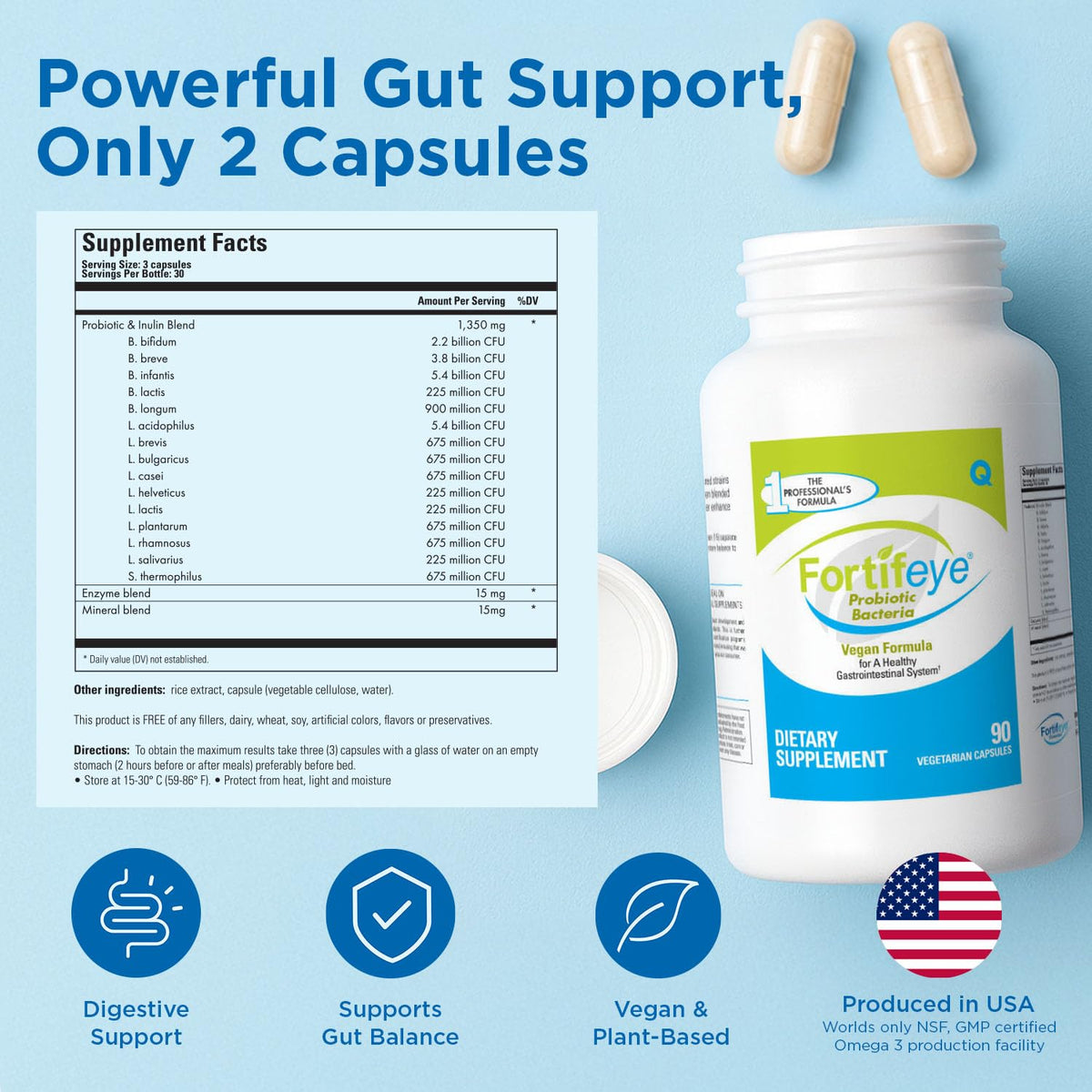Fortifeye Vitamins Probiotic Bacteria - Natural Vegan Supplement